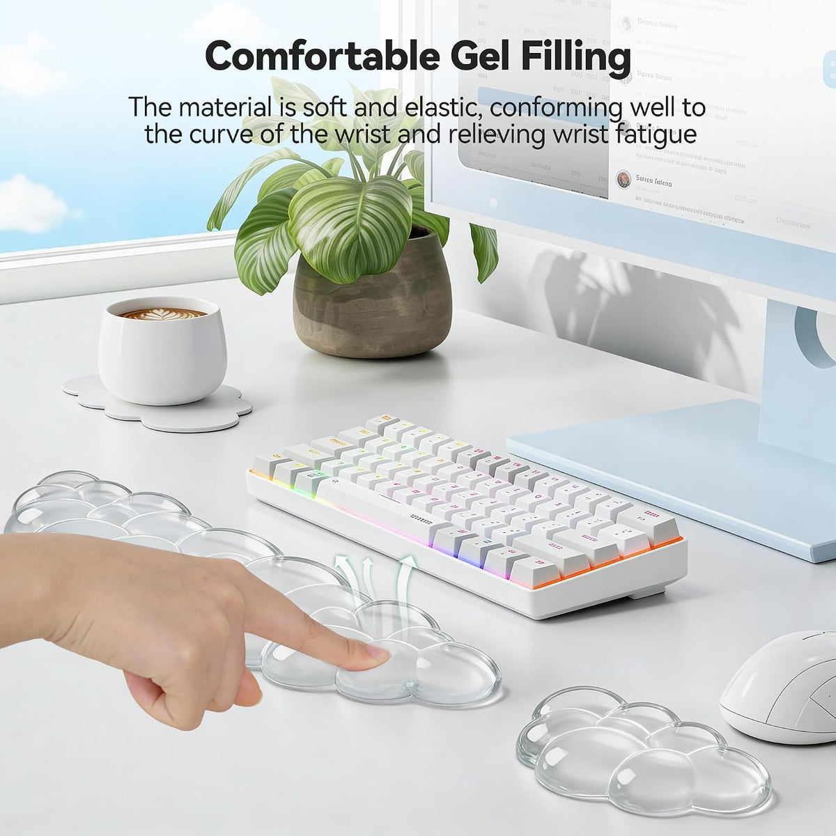 Cloud Keyboard Wrist Rest Set, Cloud Wrist Rest with Non-Slip Base, PU Leather Wrist Pad for Keyboard with Ergonomic Memory Foam for Computer Laptop Office Gaming and Pain Relief, White