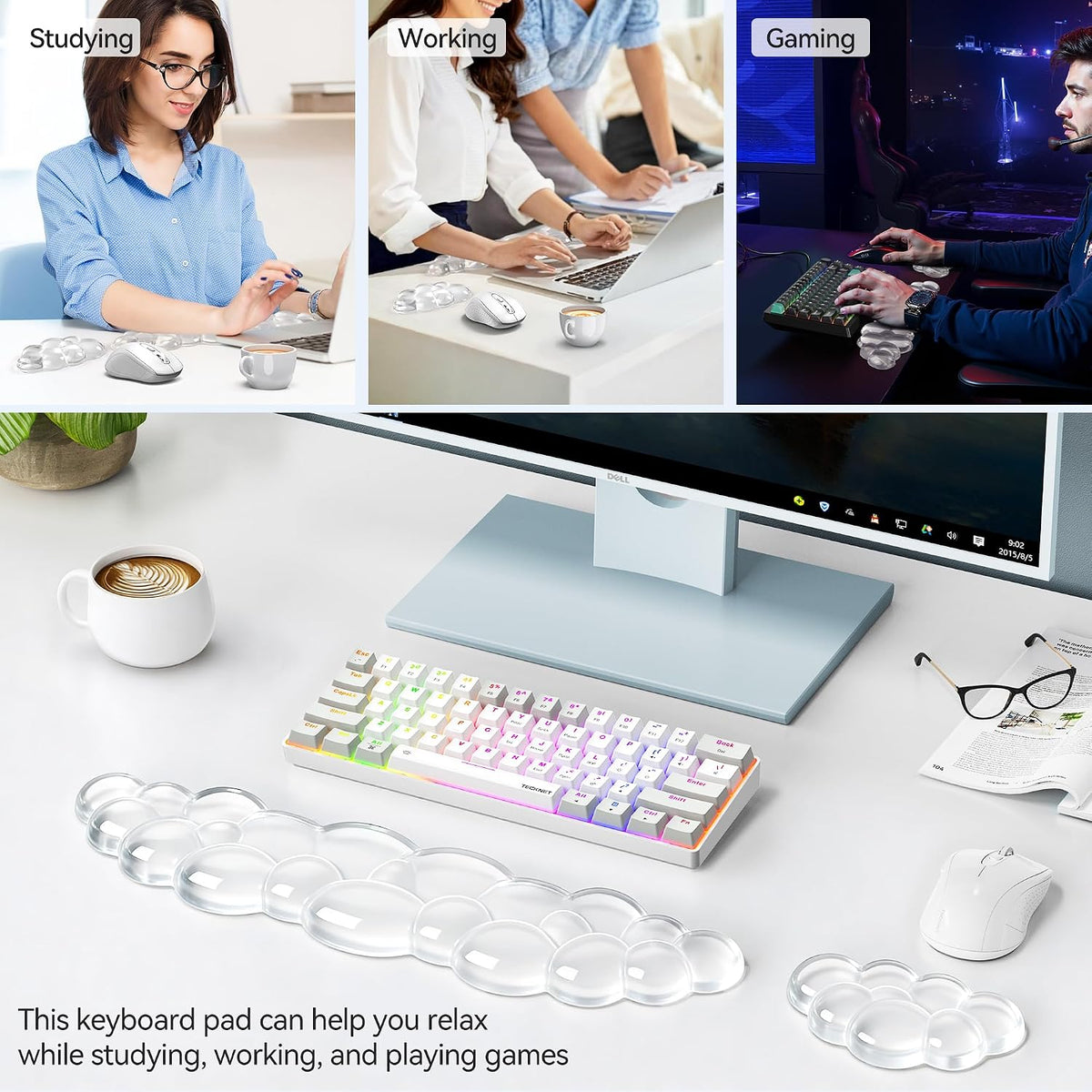Cloud Keyboard Wrist Rest Set, Cloud Wrist Rest with Non-Slip Base, PU Leather Wrist Pad for Keyboard with Ergonomic Memory Foam for Computer Laptop Office Gaming and Pain Relief, White