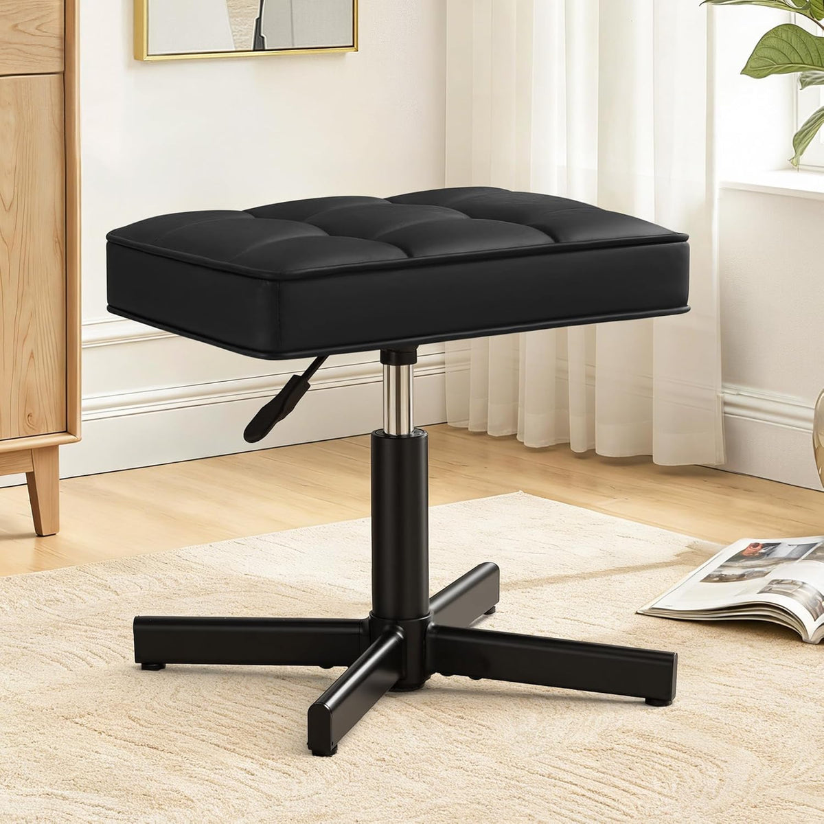 Adjustable Vanity Stool, Foot Rest Under Desk, 360° Swivel Vanity Chair for Makeup Room, Black Upholstered Faux Leather Ottoman for Bathroom & Living Room, 300lbs