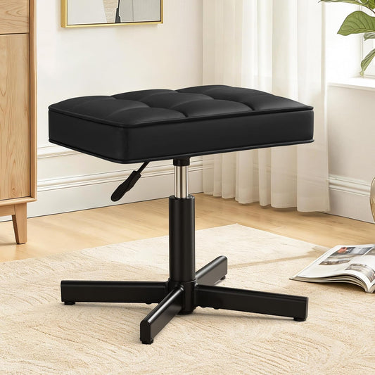 Adjustable Vanity Stool, Foot Rest Under Desk, 360° Swivel Vanity Chair for Makeup Room, Black Upholstered Faux Leather Ottoman for Bathroom & Living Room, 300lbs