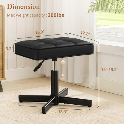 Adjustable Vanity Stool, Foot Rest Under Desk, 360° Swivel Vanity Chair for Makeup Room, Black Upholstered Faux Leather Ottoman for Bathroom & Living Room, 300lbs