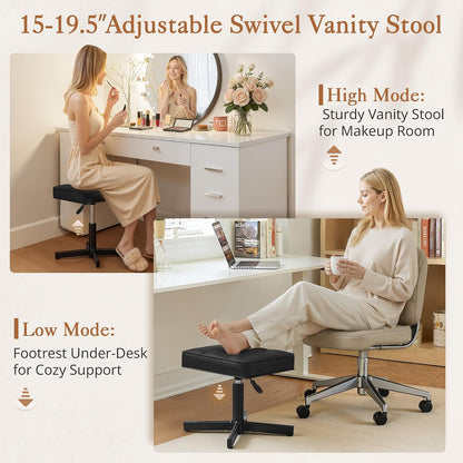Adjustable Vanity Stool, Foot Rest Under Desk, 360° Swivel Vanity Chair for Makeup Room, Black Upholstered Faux Leather Ottoman for Bathroom & Living Room, 300lbs