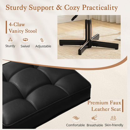 Adjustable Vanity Stool, Foot Rest Under Desk, 360° Swivel Vanity Chair for Makeup Room, Black Upholstered Faux Leather Ottoman for Bathroom & Living Room, 300lbs