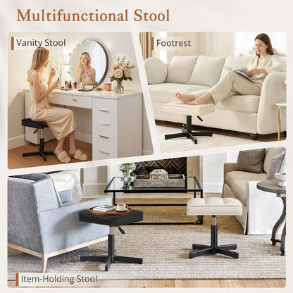 Adjustable Vanity Stool, Foot Rest Under Desk, 360° Swivel Vanity Chair for Makeup Room, Black Upholstered Faux Leather Ottoman for Bathroom & Living Room, 300lbs