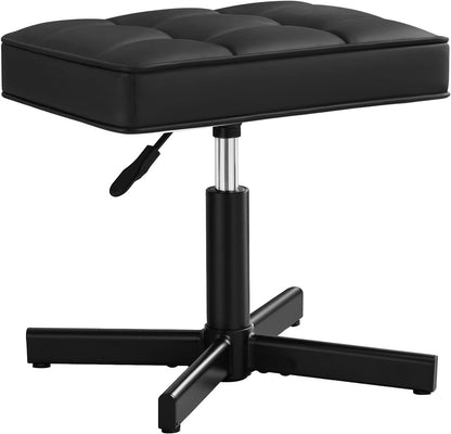 Adjustable Vanity Stool, Foot Rest Under Desk, 360° Swivel Vanity Chair for Makeup Room, Black Upholstered Faux Leather Ottoman for Bathroom & Living Room, 300lbs