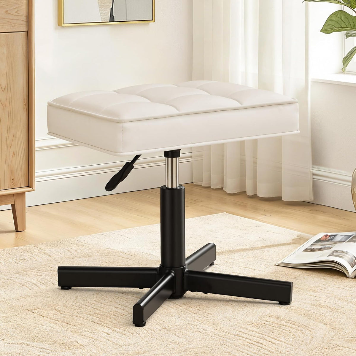Adjustable Vanity Stool, Foot Rest Under Desk, 360° Swivel Vanity Chair for Makeup Room, Black Upholstered Faux Leather Ottoman for Bathroom & Living Room, 300lbs