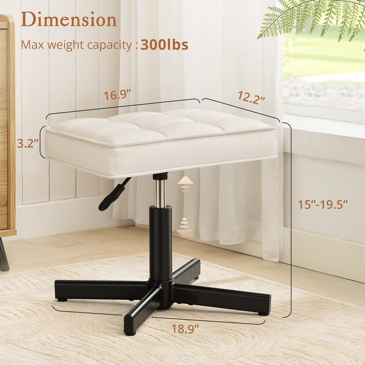 Adjustable Vanity Stool, Foot Rest Under Desk, 360° Swivel Vanity Chair for Makeup Room, Black Upholstered Faux Leather Ottoman for Bathroom & Living Room, 300lbs