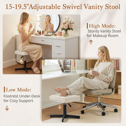 Adjustable Vanity Stool, Foot Rest Under Desk, 360° Swivel Vanity Chair for Makeup Room, Black Upholstered Faux Leather Ottoman for Bathroom & Living Room, 300lbs