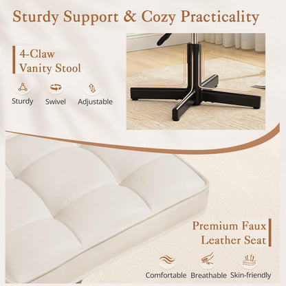 Adjustable Vanity Stool, Foot Rest Under Desk, 360° Swivel Vanity Chair for Makeup Room, Black Upholstered Faux Leather Ottoman for Bathroom & Living Room, 300lbs