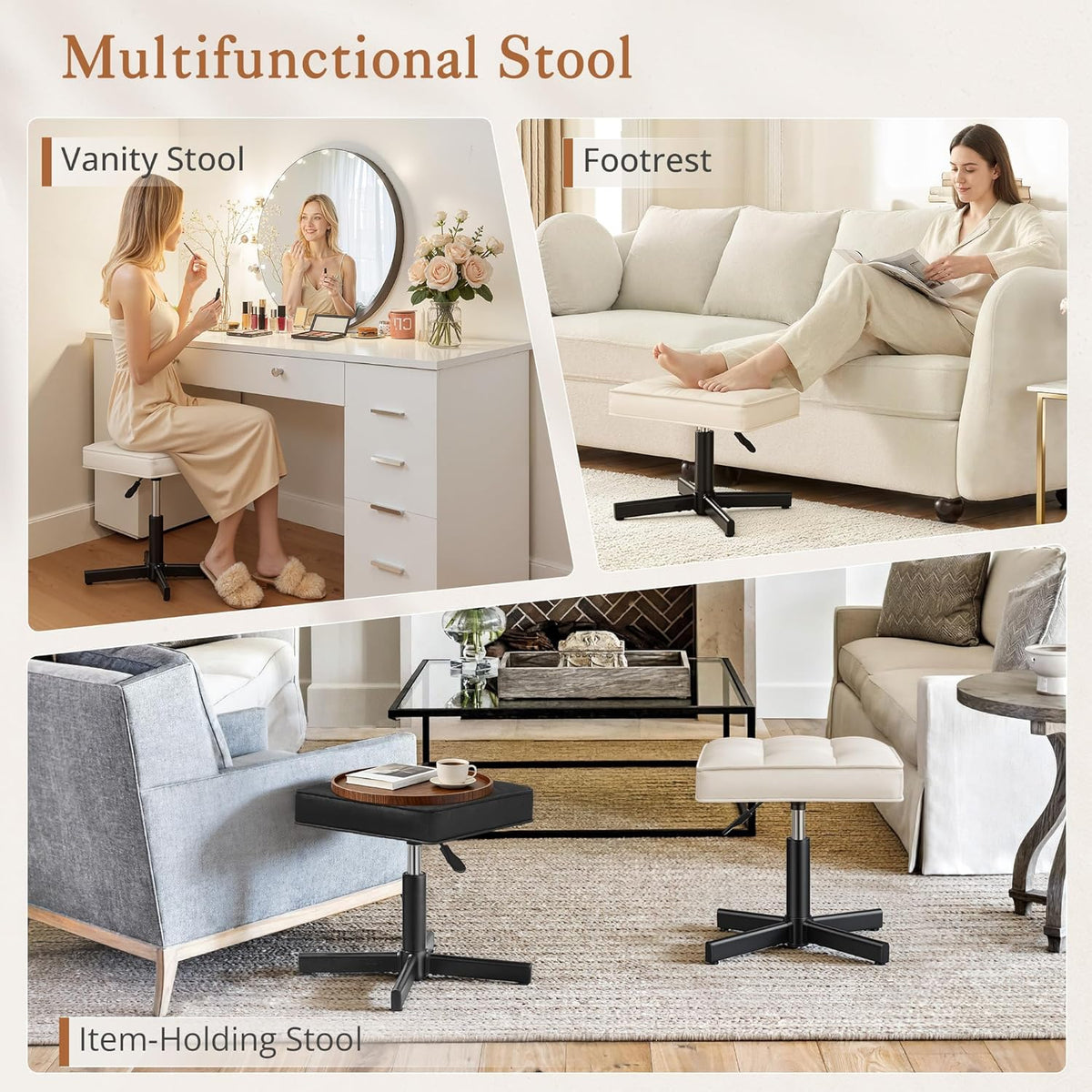 Adjustable Vanity Stool, Foot Rest Under Desk, 360° Swivel Vanity Chair for Makeup Room, Black Upholstered Faux Leather Ottoman for Bathroom & Living Room, 300lbs