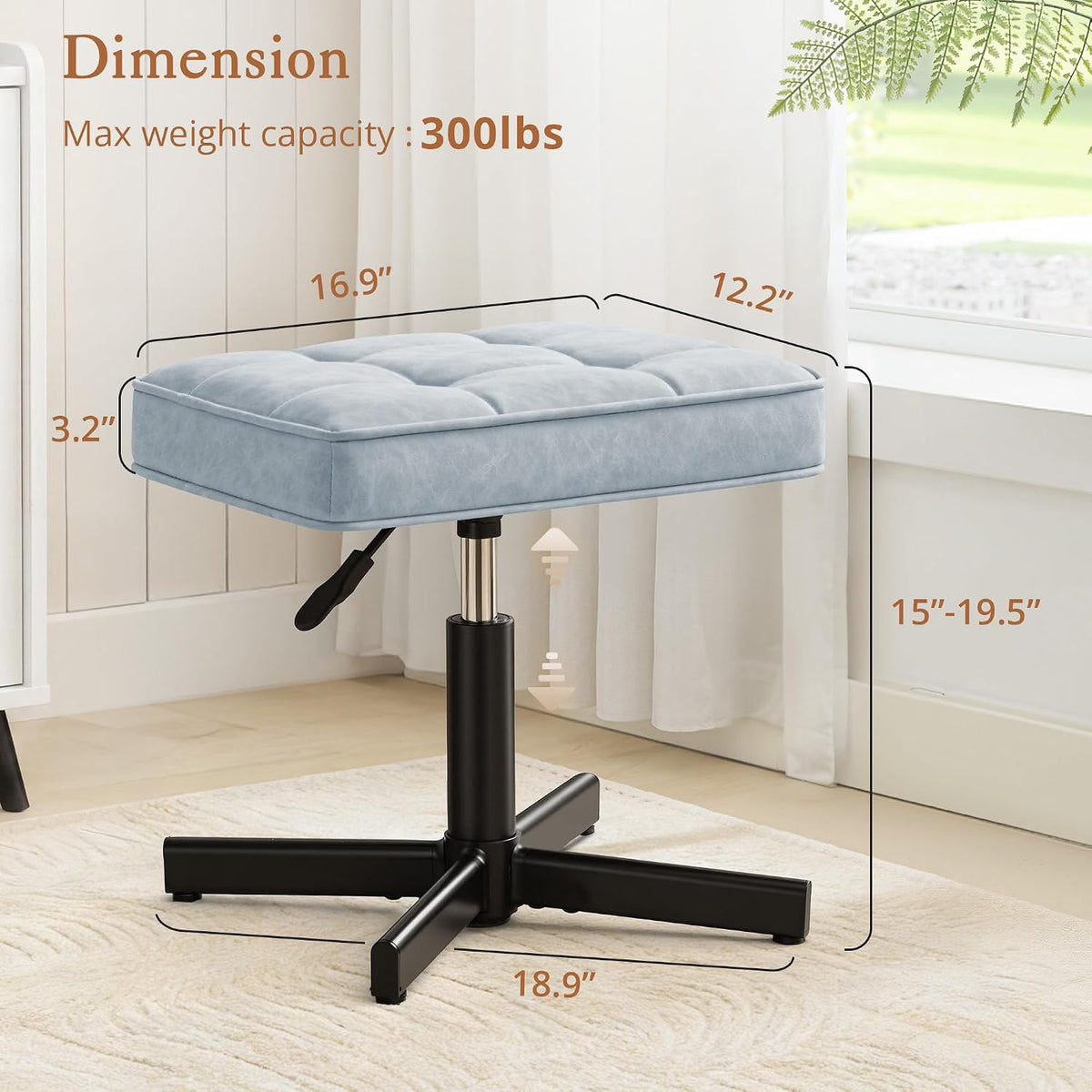 Adjustable Vanity Stool, Foot Rest Under Desk, 360° Swivel Vanity Chair for Makeup Room, Black Upholstered Faux Leather Ottoman for Bathroom & Living Room, 300lbs