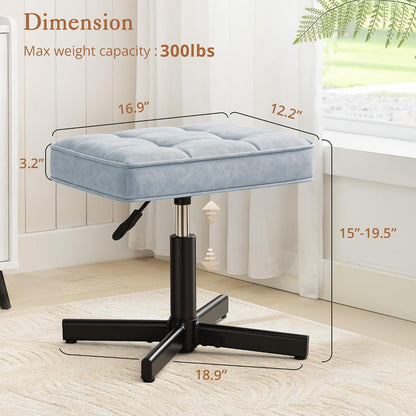 Adjustable Vanity Stool, Foot Rest Under Desk, 360° Swivel Vanity Chair for Makeup Room, Black Upholstered Faux Leather Ottoman for Bathroom & Living Room, 300lbs