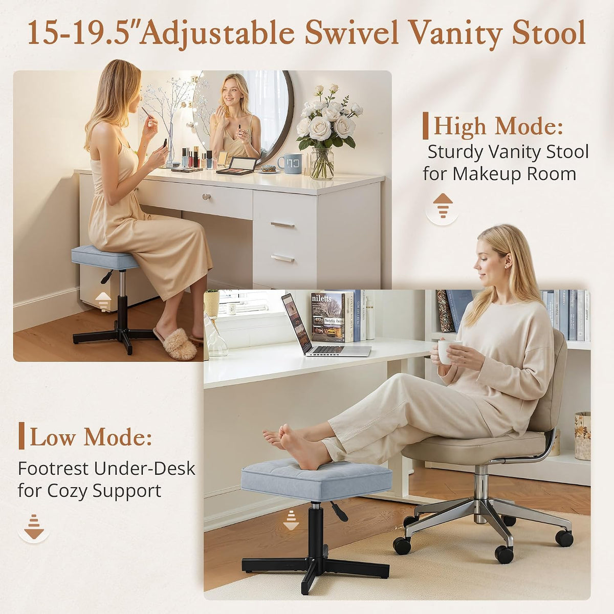 Adjustable Vanity Stool, Foot Rest Under Desk, 360° Swivel Vanity Chair for Makeup Room, Black Upholstered Faux Leather Ottoman for Bathroom & Living Room, 300lbs