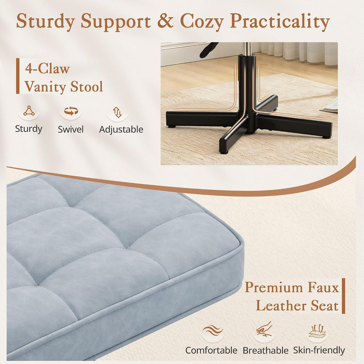 Adjustable Vanity Stool, Foot Rest Under Desk, 360° Swivel Vanity Chair for Makeup Room, Black Upholstered Faux Leather Ottoman for Bathroom & Living Room, 300lbs
