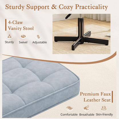 Adjustable Vanity Stool, Foot Rest Under Desk, 360° Swivel Vanity Chair for Makeup Room, Black Upholstered Faux Leather Ottoman for Bathroom & Living Room, 300lbs