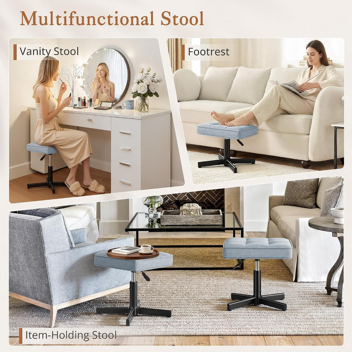 Adjustable Vanity Stool, Foot Rest Under Desk, 360° Swivel Vanity Chair for Makeup Room, Black Upholstered Faux Leather Ottoman for Bathroom & Living Room, 300lbs