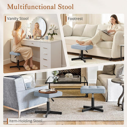 Adjustable Vanity Stool, Foot Rest Under Desk, 360° Swivel Vanity Chair for Makeup Room, Black Upholstered Faux Leather Ottoman for Bathroom & Living Room, 300lbs