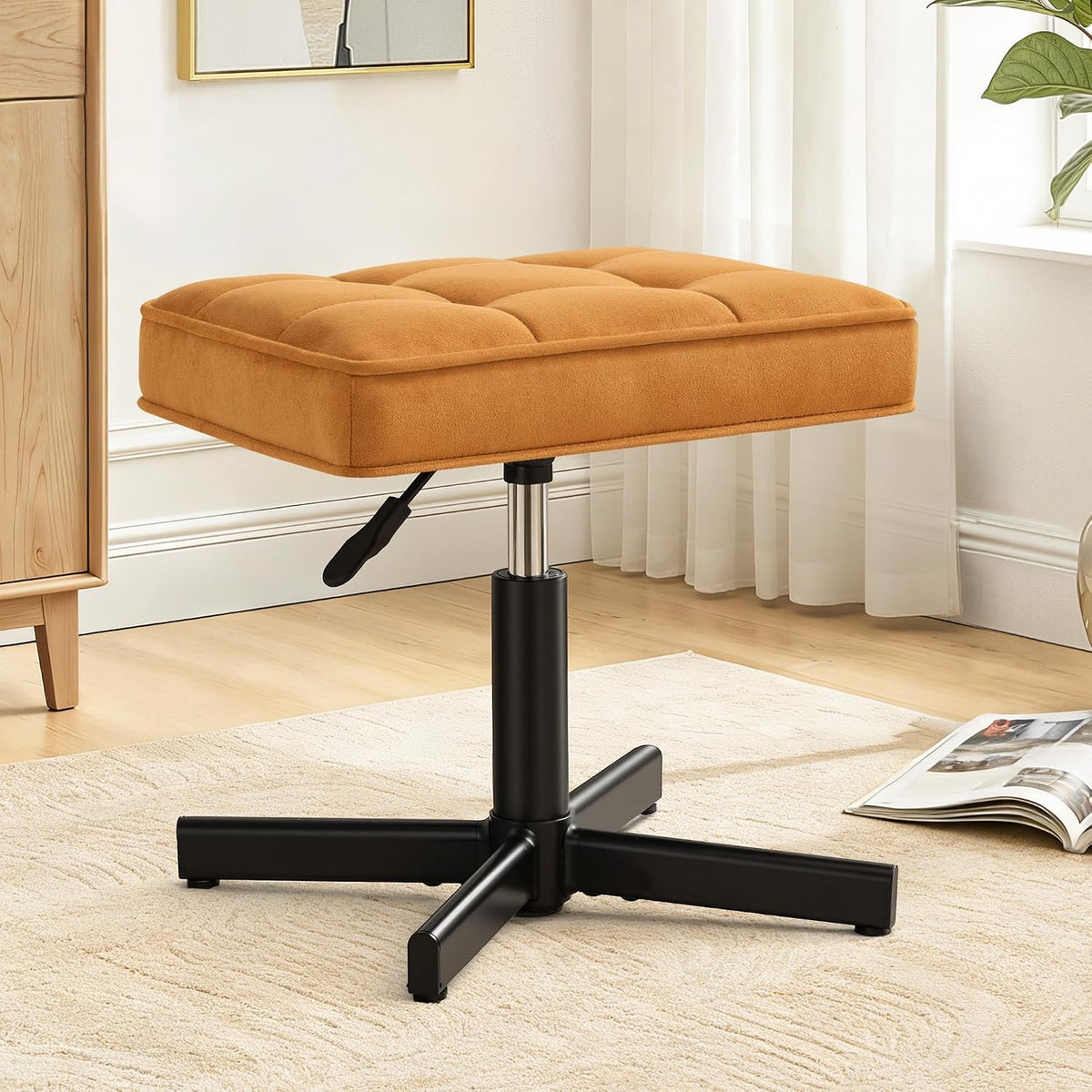 Adjustable Vanity Stool, Foot Rest Under Desk, 360° Swivel Vanity Chair for Makeup Room, Black Upholstered Faux Leather Ottoman for Bathroom & Living Room, 300lbs
