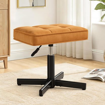 Adjustable Vanity Stool, Foot Rest Under Desk, 360° Swivel Vanity Chair for Makeup Room, Black Upholstered Faux Leather Ottoman for Bathroom & Living Room, 300lbs