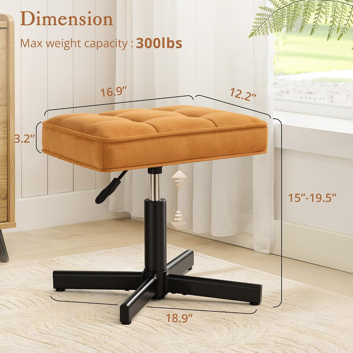 Adjustable Vanity Stool, Foot Rest Under Desk, 360° Swivel Vanity Chair for Makeup Room, Black Upholstered Faux Leather Ottoman for Bathroom & Living Room, 300lbs