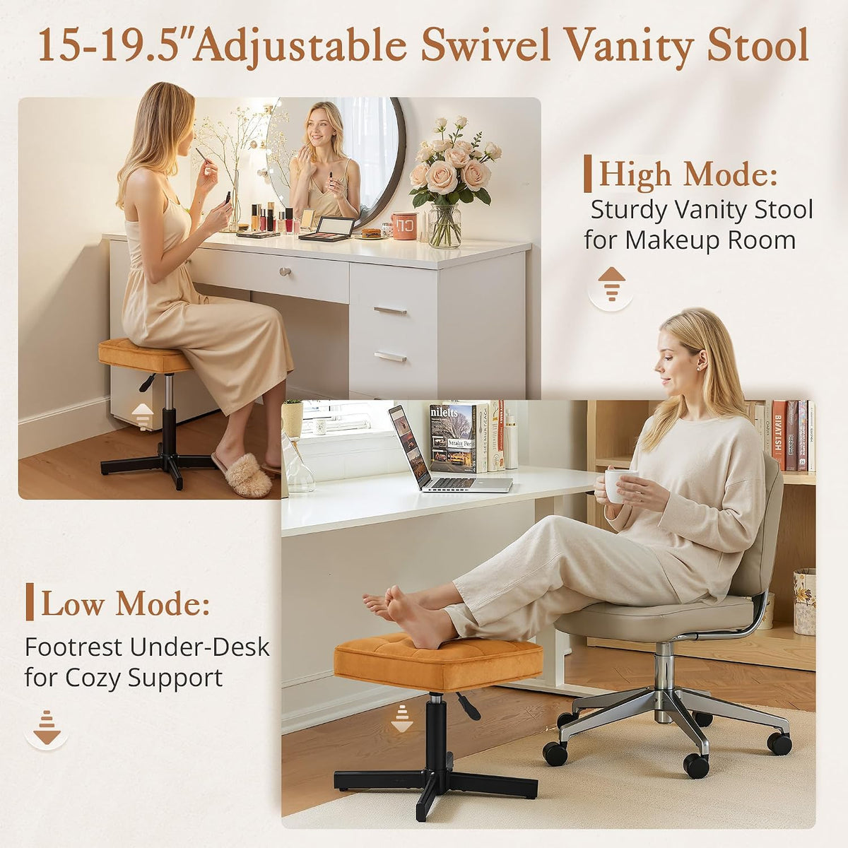 Adjustable Vanity Stool, Foot Rest Under Desk, 360° Swivel Vanity Chair for Makeup Room, Black Upholstered Faux Leather Ottoman for Bathroom & Living Room, 300lbs