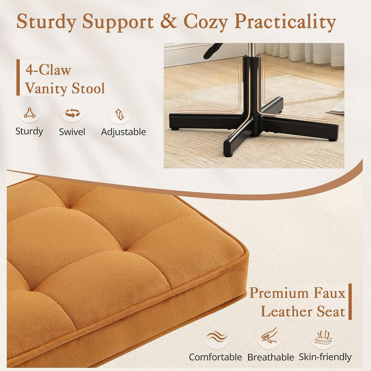 Adjustable Vanity Stool, Foot Rest Under Desk, 360° Swivel Vanity Chair for Makeup Room, Black Upholstered Faux Leather Ottoman for Bathroom & Living Room, 300lbs