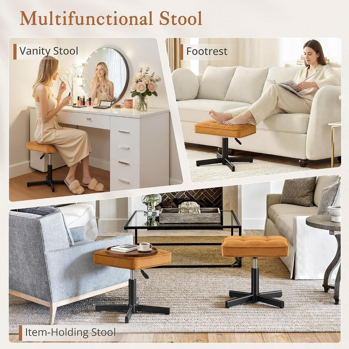 Adjustable Vanity Stool, Foot Rest Under Desk, 360° Swivel Vanity Chair for Makeup Room, Black Upholstered Faux Leather Ottoman for Bathroom & Living Room, 300lbs
