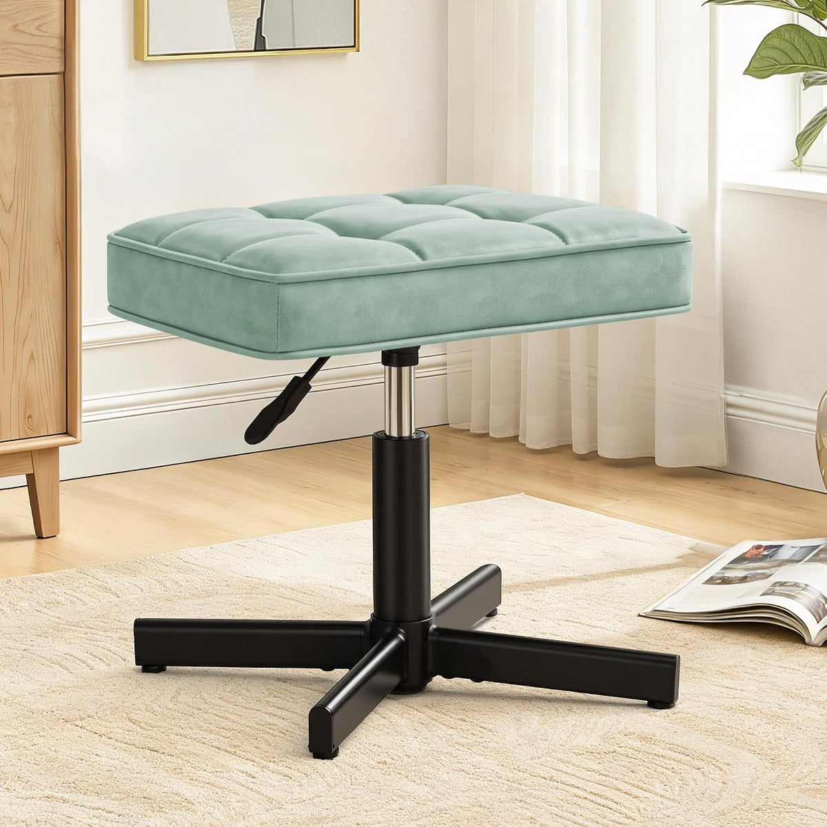Adjustable Vanity Stool, Foot Rest Under Desk, 360° Swivel Vanity Chair for Makeup Room, Black Upholstered Faux Leather Ottoman for Bathroom & Living Room, 300lbs
