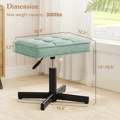 Adjustable Vanity Stool, Foot Rest Under Desk, 360° Swivel Vanity Chair for Makeup Room, Black Upholstered Faux Leather Ottoman for Bathroom & Living Room, 300lbs