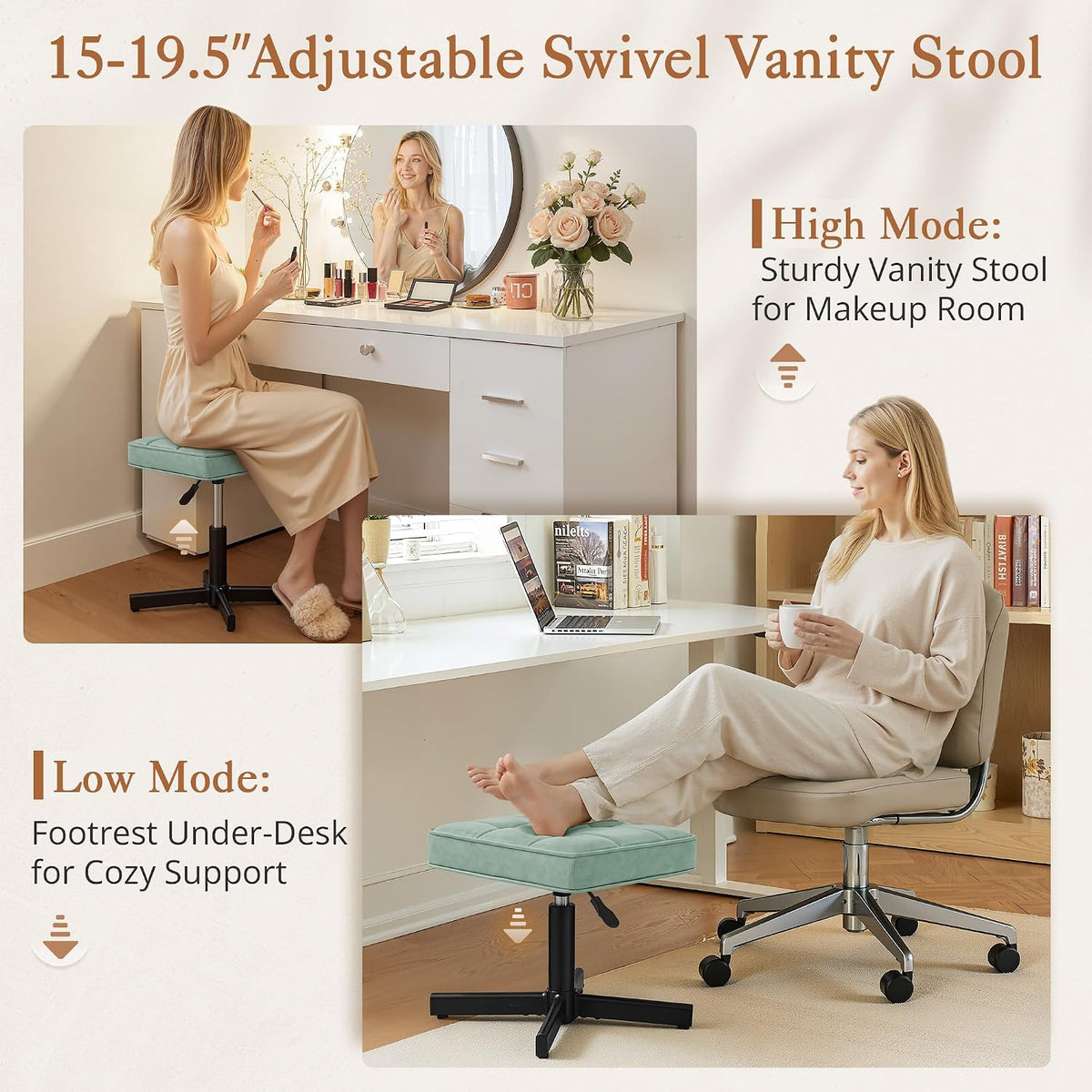 Adjustable Vanity Stool, Foot Rest Under Desk, 360° Swivel Vanity Chair for Makeup Room, Black Upholstered Faux Leather Ottoman for Bathroom & Living Room, 300lbs