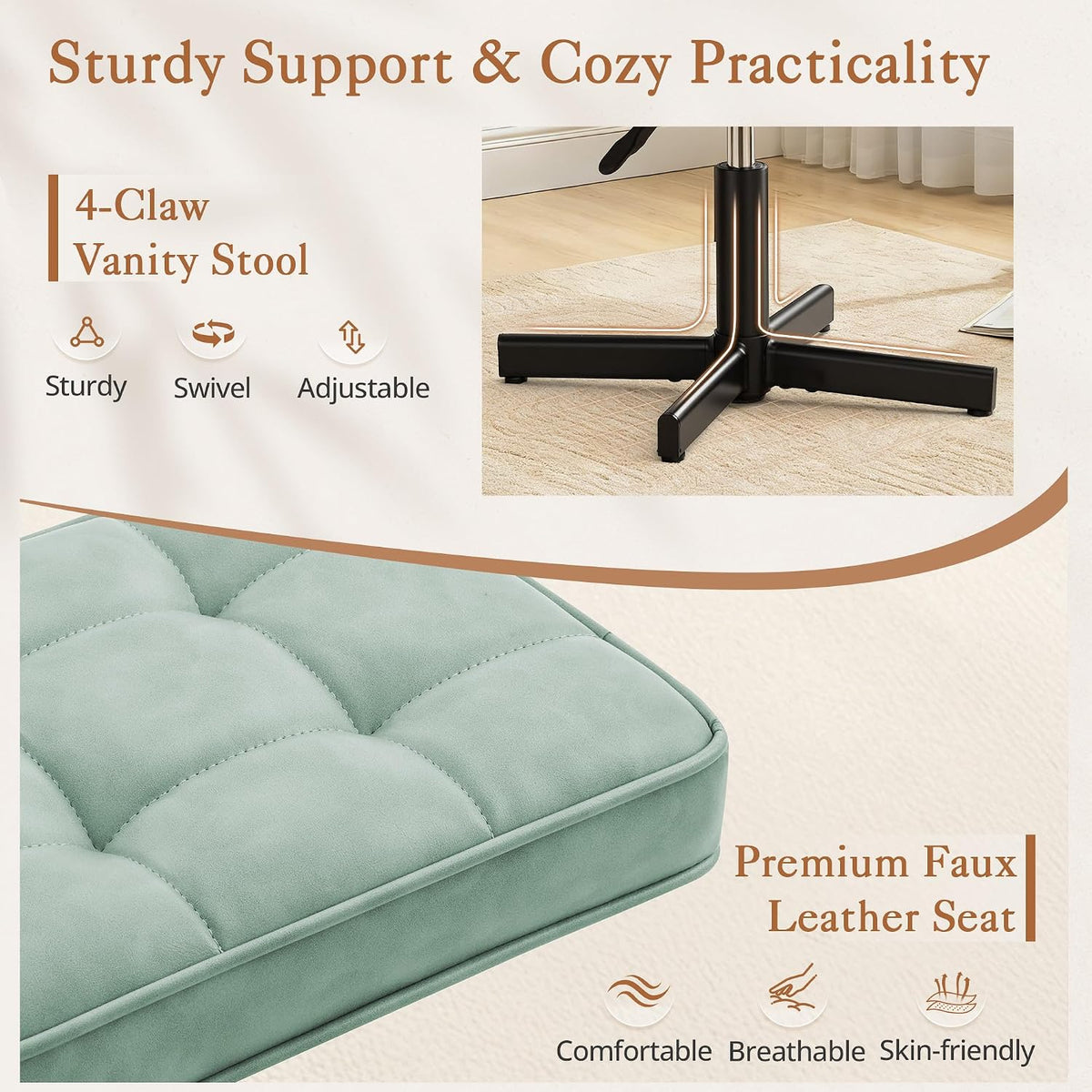 Adjustable Vanity Stool, Foot Rest Under Desk, 360° Swivel Vanity Chair for Makeup Room, Black Upholstered Faux Leather Ottoman for Bathroom & Living Room, 300lbs
