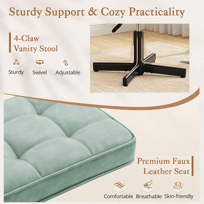 Adjustable Vanity Stool, Foot Rest Under Desk, 360° Swivel Vanity Chair for Makeup Room, Black Upholstered Faux Leather Ottoman for Bathroom & Living Room, 300lbs