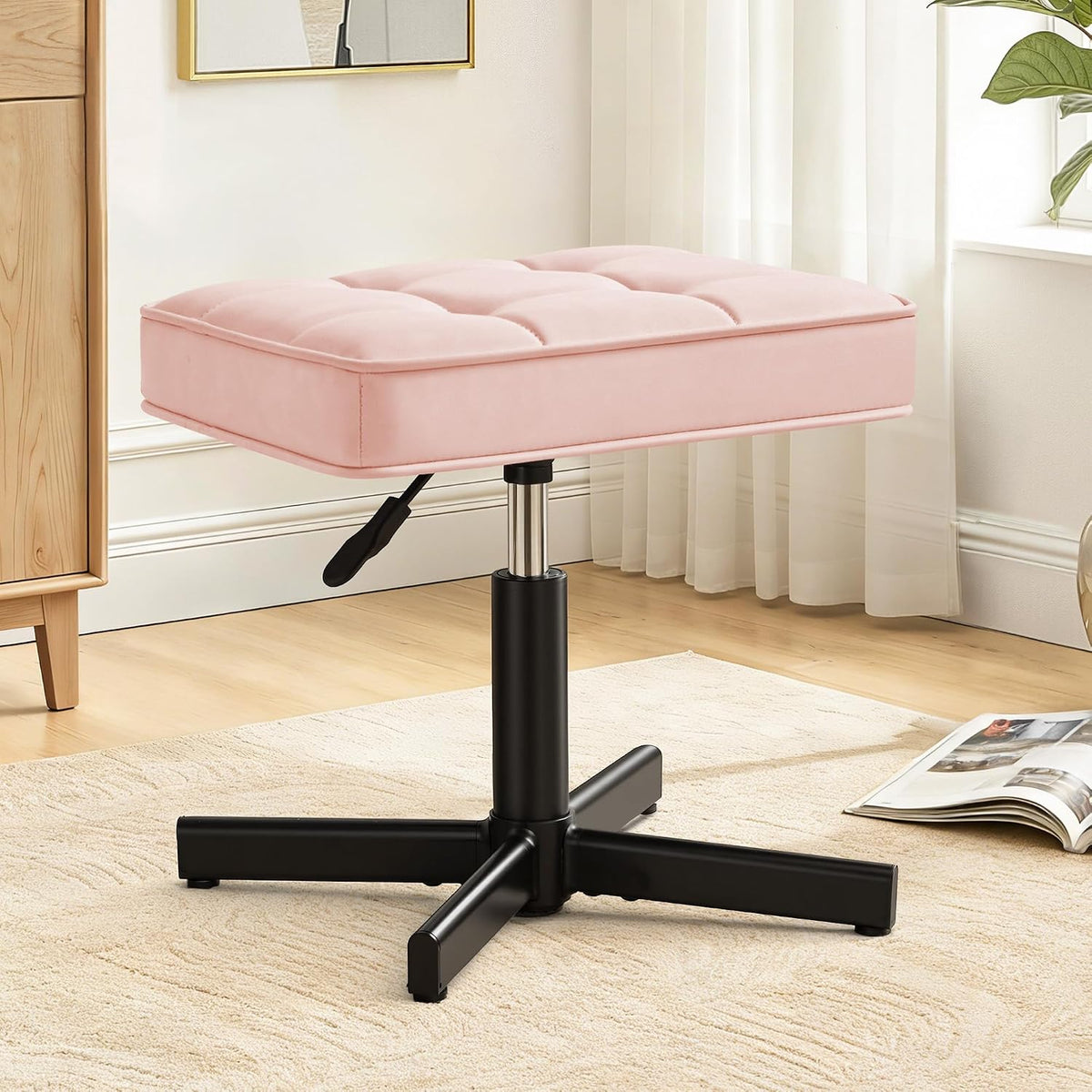 Adjustable Vanity Stool, Foot Rest Under Desk, 360° Swivel Vanity Chair for Makeup Room, Black Upholstered Faux Leather Ottoman for Bathroom & Living Room, 300lbs