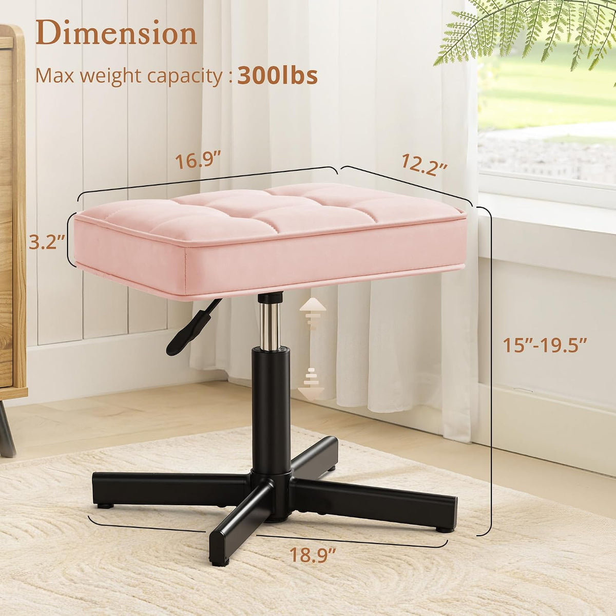 Adjustable Vanity Stool, Foot Rest Under Desk, 360° Swivel Vanity Chair for Makeup Room, Black Upholstered Faux Leather Ottoman for Bathroom & Living Room, 300lbs