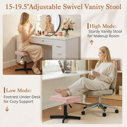 Adjustable Vanity Stool, Foot Rest Under Desk, 360° Swivel Vanity Chair for Makeup Room, Black Upholstered Faux Leather Ottoman for Bathroom & Living Room, 300lbs