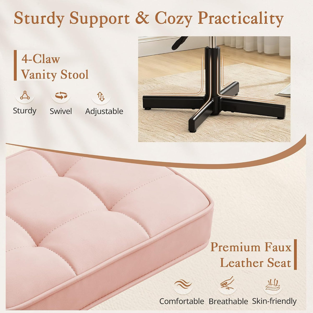 Adjustable Vanity Stool, Foot Rest Under Desk, 360° Swivel Vanity Chair for Makeup Room, Black Upholstered Faux Leather Ottoman for Bathroom & Living Room, 300lbs