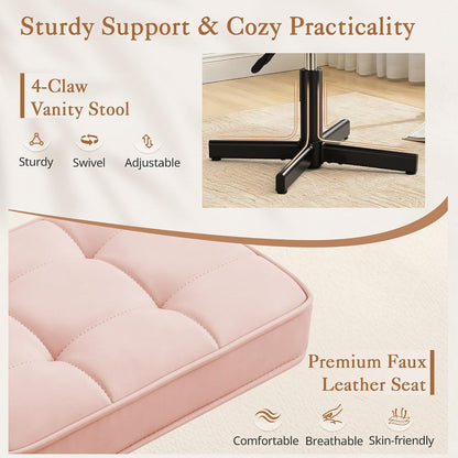 Adjustable Vanity Stool, Foot Rest Under Desk, 360° Swivel Vanity Chair for Makeup Room, Black Upholstered Faux Leather Ottoman for Bathroom & Living Room, 300lbs