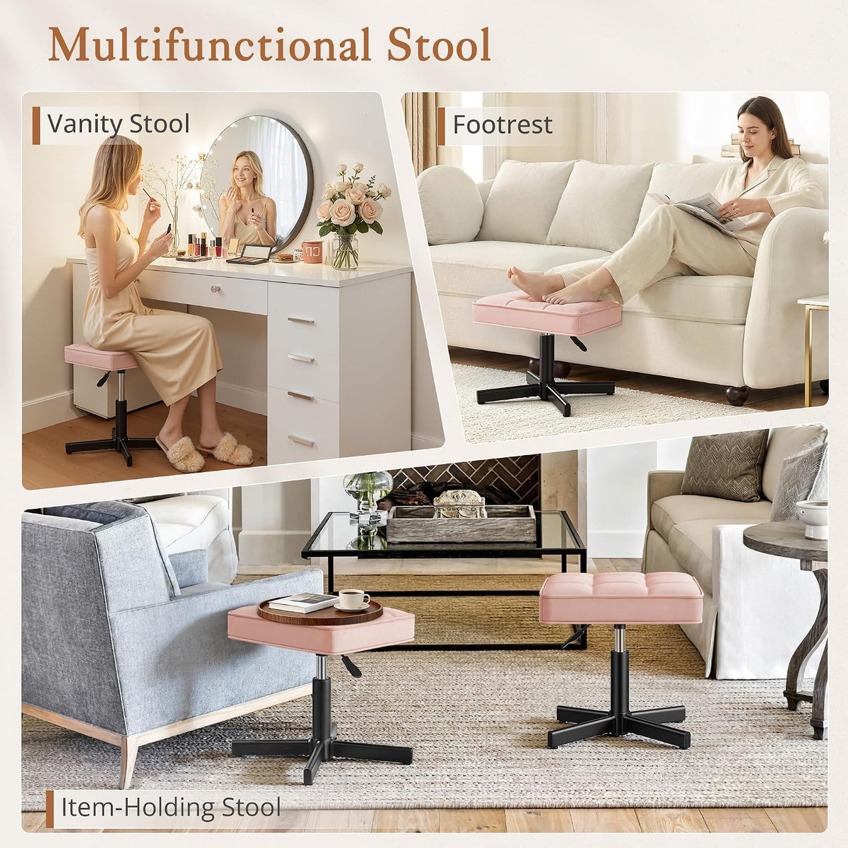 Adjustable Vanity Stool, Foot Rest Under Desk, 360° Swivel Vanity Chair for Makeup Room, Black Upholstered Faux Leather Ottoman for Bathroom & Living Room, 300lbs