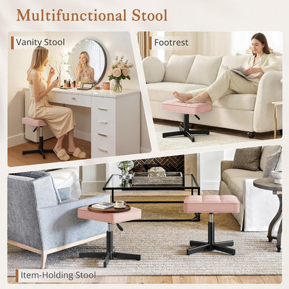 Adjustable Vanity Stool, Foot Rest Under Desk, 360° Swivel Vanity Chair for Makeup Room, Black Upholstered Faux Leather Ottoman for Bathroom & Living Room, 300lbs