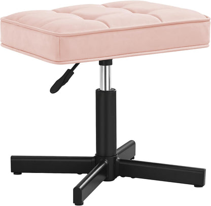 Adjustable Vanity Stool, Foot Rest Under Desk, 360° Swivel Vanity Chair for Makeup Room, Black Upholstered Faux Leather Ottoman for Bathroom & Living Room, 300lbs