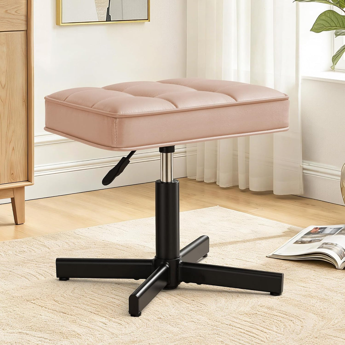 Adjustable Vanity Stool, Foot Rest Under Desk, 360° Swivel Vanity Chair for Makeup Room, Black Upholstered Faux Leather Ottoman for Bathroom & Living Room, 300lbs