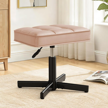 Adjustable Vanity Stool, Foot Rest Under Desk, 360° Swivel Vanity Chair for Makeup Room, Black Upholstered Faux Leather Ottoman for Bathroom & Living Room, 300lbs