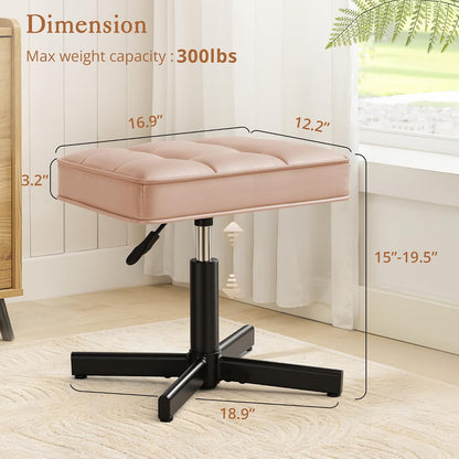 Adjustable Vanity Stool, Foot Rest Under Desk, 360° Swivel Vanity Chair for Makeup Room, Black Upholstered Faux Leather Ottoman for Bathroom & Living Room, 300lbs
