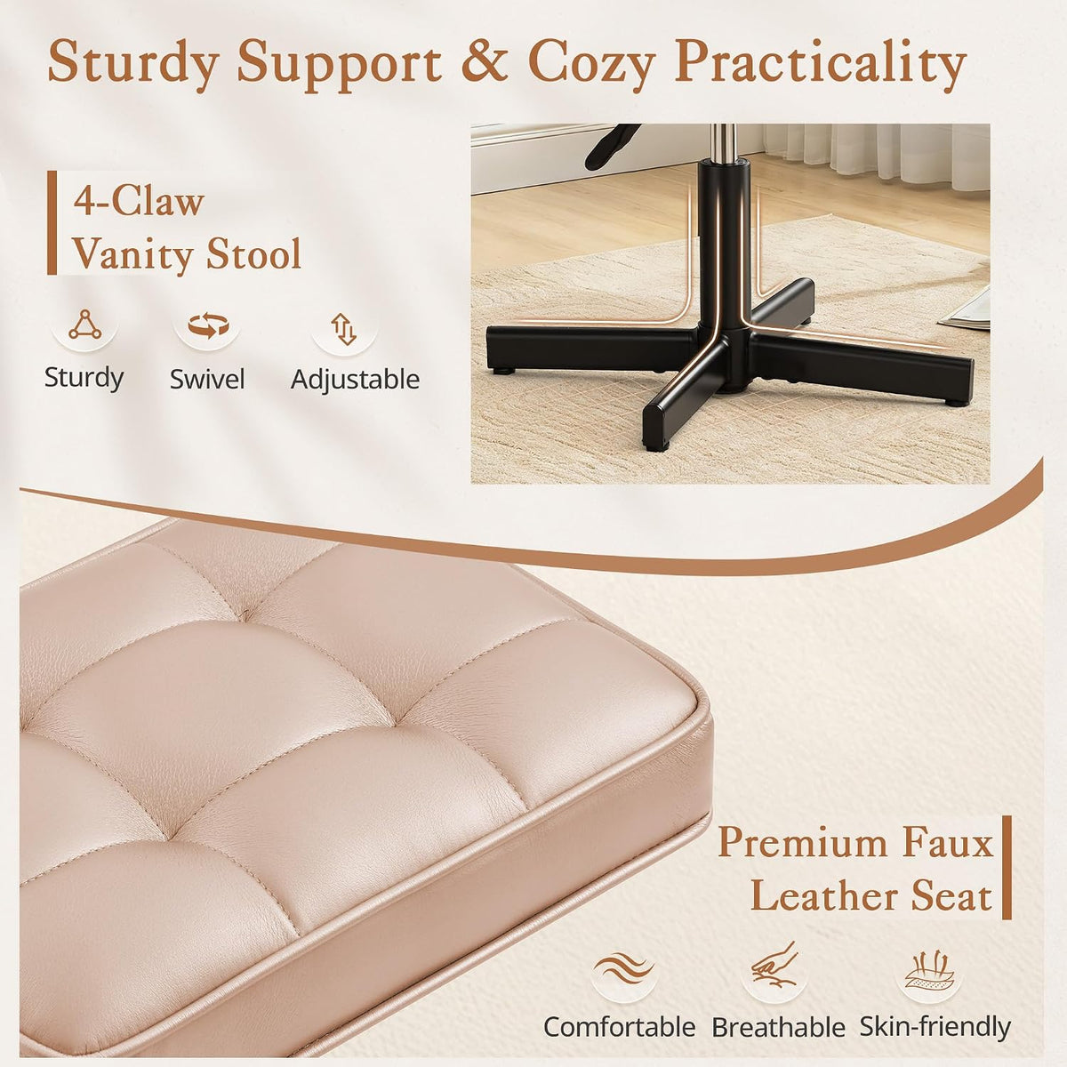Adjustable Vanity Stool, Foot Rest Under Desk, 360° Swivel Vanity Chair for Makeup Room, Black Upholstered Faux Leather Ottoman for Bathroom & Living Room, 300lbs