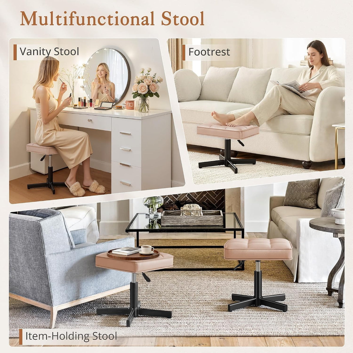 Adjustable Vanity Stool, Foot Rest Under Desk, 360° Swivel Vanity Chair for Makeup Room, Black Upholstered Faux Leather Ottoman for Bathroom & Living Room, 300lbs