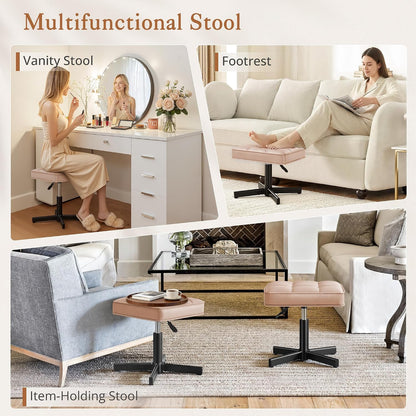 Adjustable Vanity Stool, Foot Rest Under Desk, 360° Swivel Vanity Chair for Makeup Room, Black Upholstered Faux Leather Ottoman for Bathroom & Living Room, 300lbs