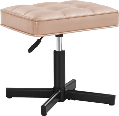 Adjustable Vanity Stool, Foot Rest Under Desk, 360° Swivel Vanity Chair for Makeup Room, Black Upholstered Faux Leather Ottoman for Bathroom & Living Room, 300lbs