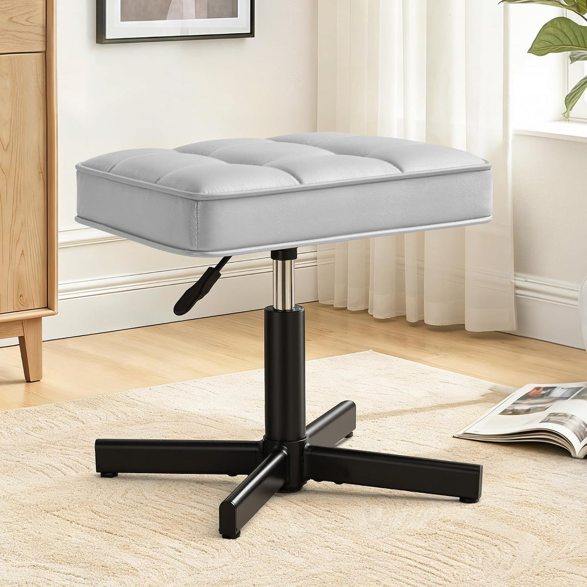 Adjustable Vanity Stool, Foot Rest Under Desk, 360° Swivel Vanity Chair for Makeup Room, Black Upholstered Faux Leather Ottoman for Bathroom & Living Room, 300lbs