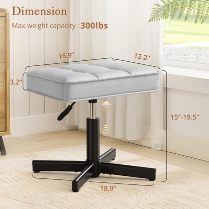 Adjustable Vanity Stool, Foot Rest Under Desk, 360° Swivel Vanity Chair for Makeup Room, Black Upholstered Faux Leather Ottoman for Bathroom & Living Room, 300lbs