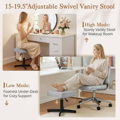 Adjustable Vanity Stool, Foot Rest Under Desk, 360° Swivel Vanity Chair for Makeup Room, Black Upholstered Faux Leather Ottoman for Bathroom & Living Room, 300lbs